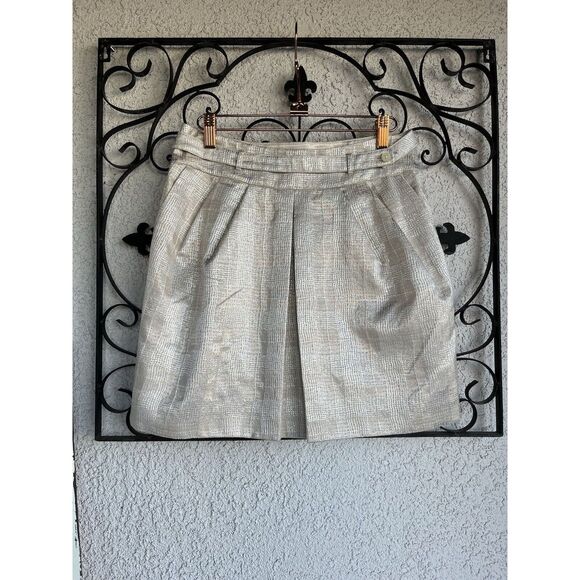 Club Monaco Pleated Ivory And Gold Belted Skirt - Size 4 - Picture 1 of 11